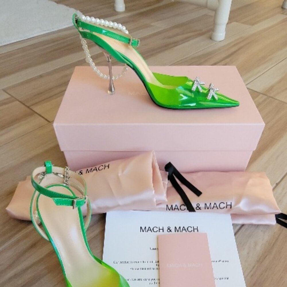 MACH & MACH Double Bow Embellishe Crystal PVC Lime Leather Stilettos Eur. 35